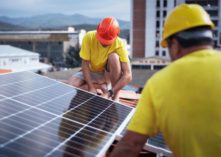 Due persone installano un impianto fotovoltaico